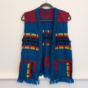 Vintage Handwoven Boho Vest Blue Red Multicolor Fringe Festival Ethnic Pattern